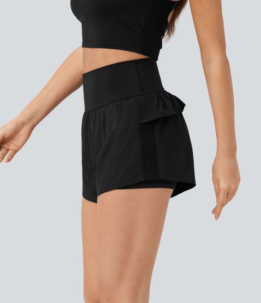 Halara Black Breezeful High Waisted Ruffle Contrast Mesh Quick Dry Yoga Shorts